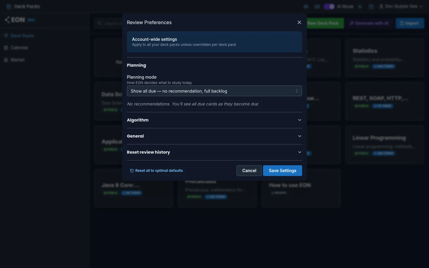 EON Review Preferences, with language and theme