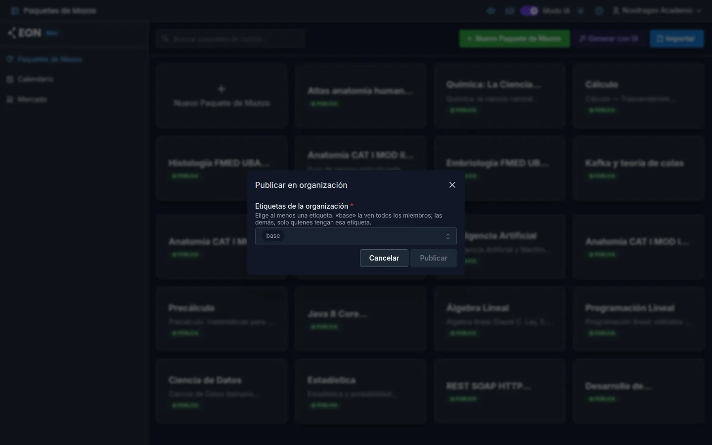 Ventana para publicar un paquete de mazos en EON