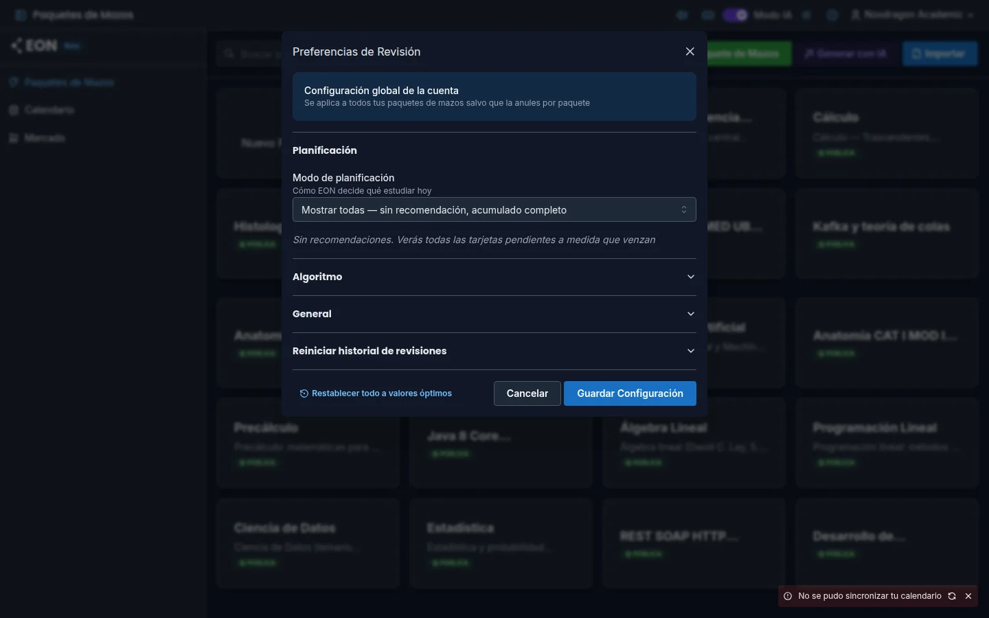 Preferencias de Revisión de EON, con el idioma y el tema