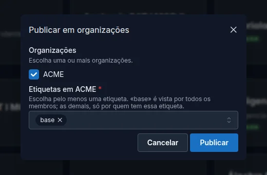 Janela para publicar um pacote de baralhos no EON