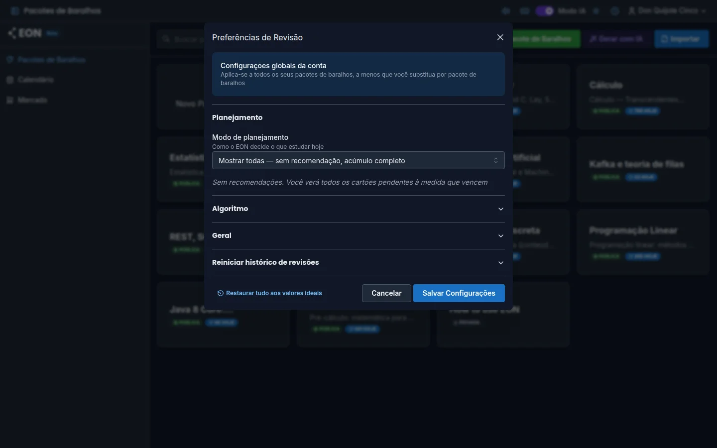 Preferências de Revisão do EON, com o idioma e o tema