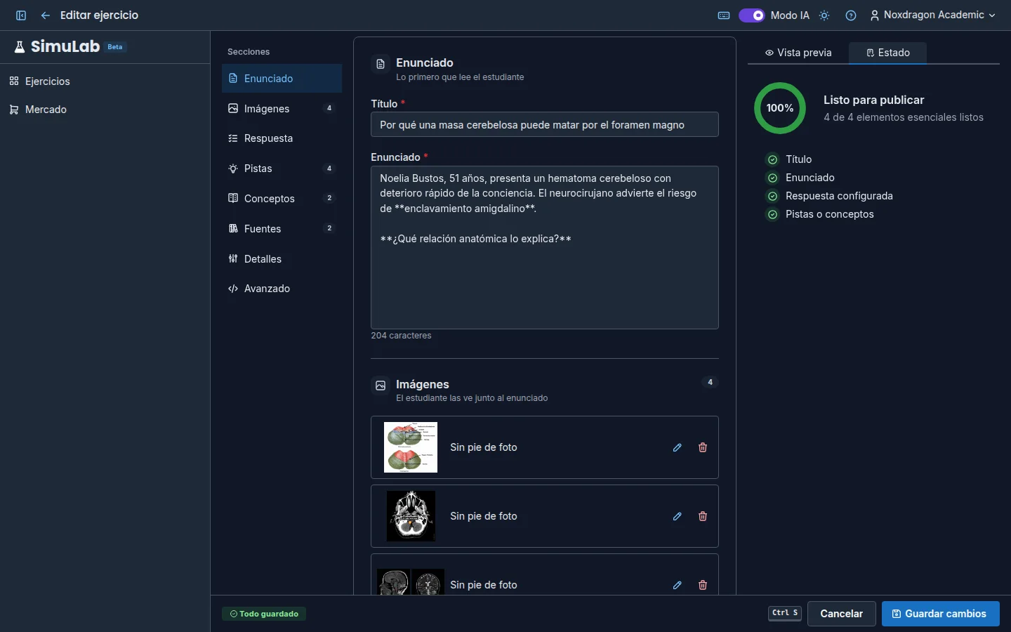 Lista de completitud del editor con la sección de respuesta