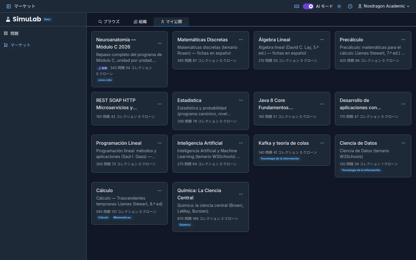 組織タブを表示した SimuLab のマーケット