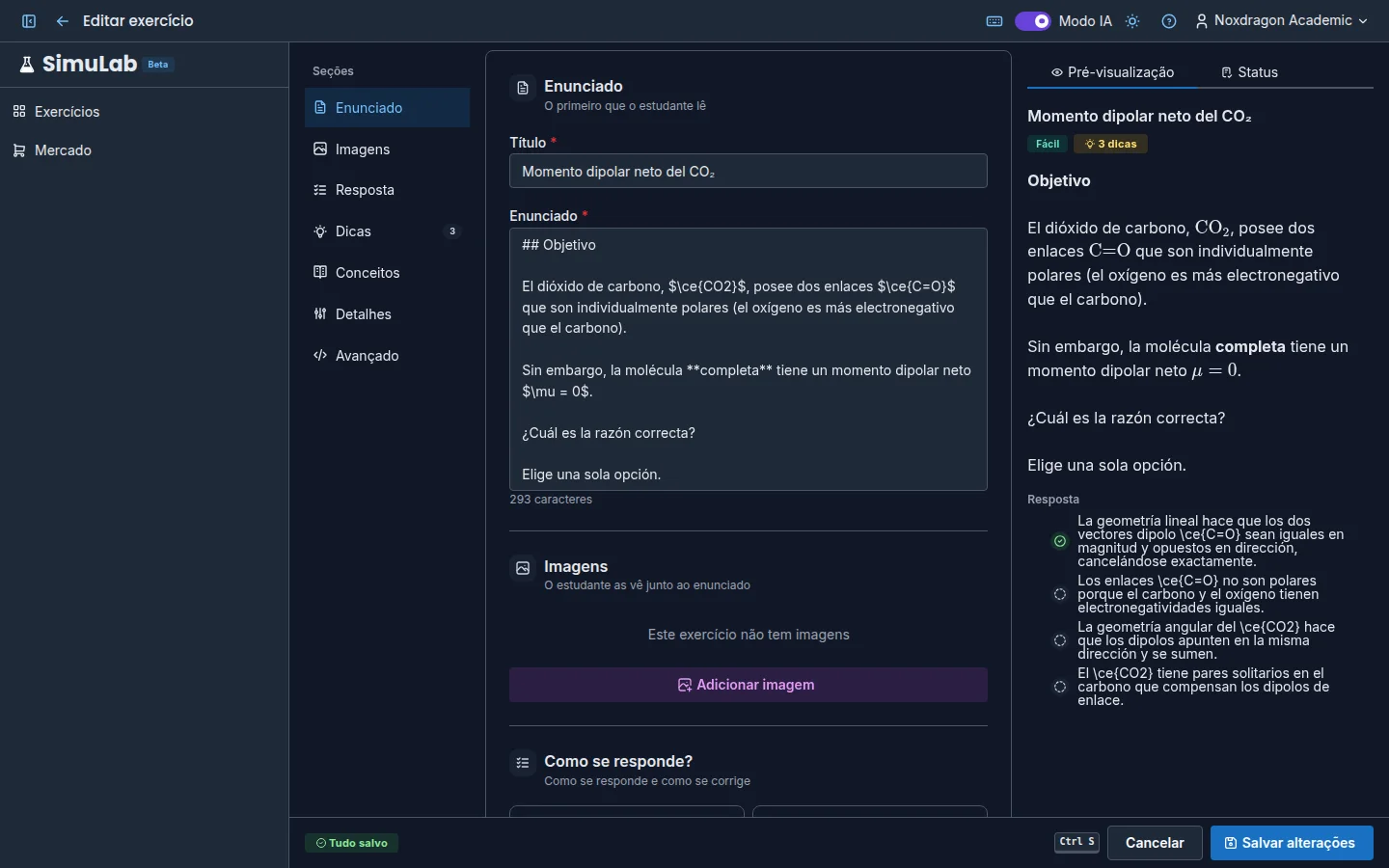 O editor de exercícios